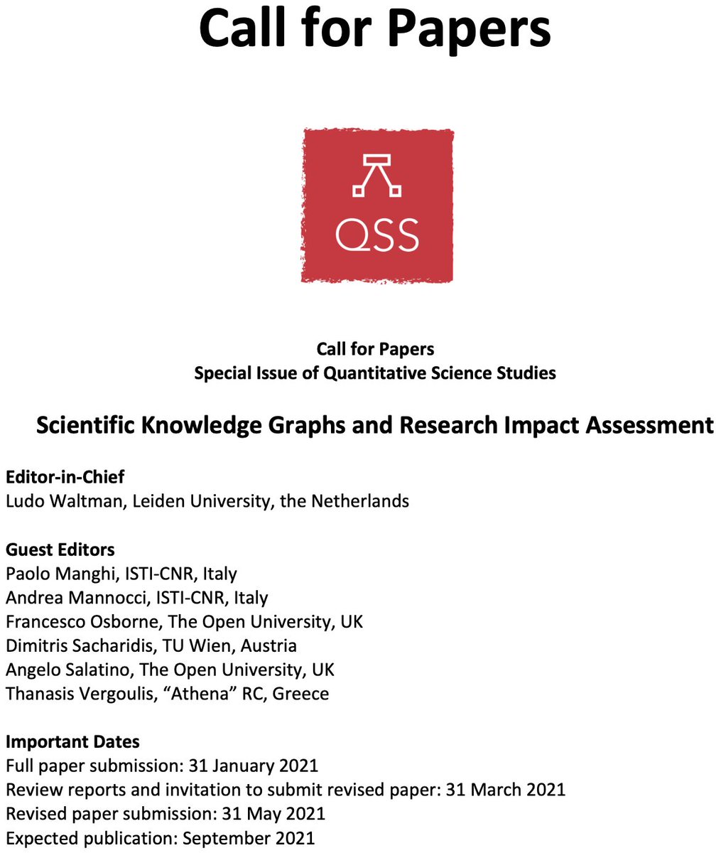 📢 Proudly announcing an upcoming @QSS_ISSI special issue on 'Scientific Knowledge Graphs and Research Impact Assessment'. A joint effort of this year @skgworkshop and @aiminscience workshops. @paolomanghi @angelosalatino @FraOsborne @vergoulis @dsachar 👉 skg.kmi.open.ac.uk/QSS-SI-SKG-AIM…