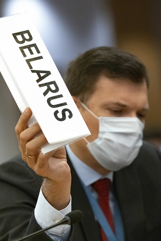 UN_HRC's tweet photo. 45/L.1 "Situation of #HumanRights in #Belarus in the run-up to the 2020 presidential election &amp; its aftermath", requesting @mbachelet to monitor, present an oral update in 2020, &amp; submit a written report at #HRC46, was adopted by vote: 23 in favor, 22 abstentions &amp; 2 against https://t.co/1SDlbt0xds