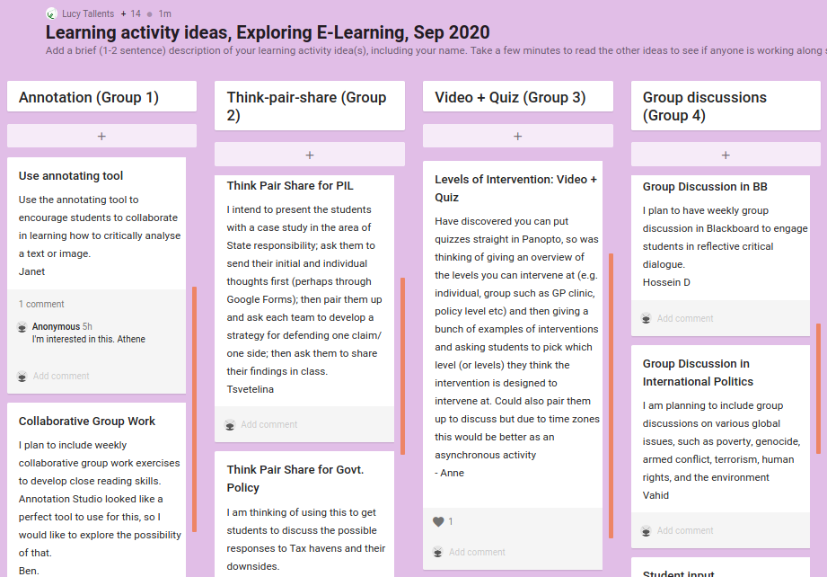 verdantlearn's tweet photo. One week in to my new #ExploreELearning short course for @OxfordConted, and I think I'm finally getting the hang of facilitating virtual group formation following a brainstorming session! It helps that you can change a @padlet format halfway through, to re-organise ideas https://t.co/lRHtVLgfvm
