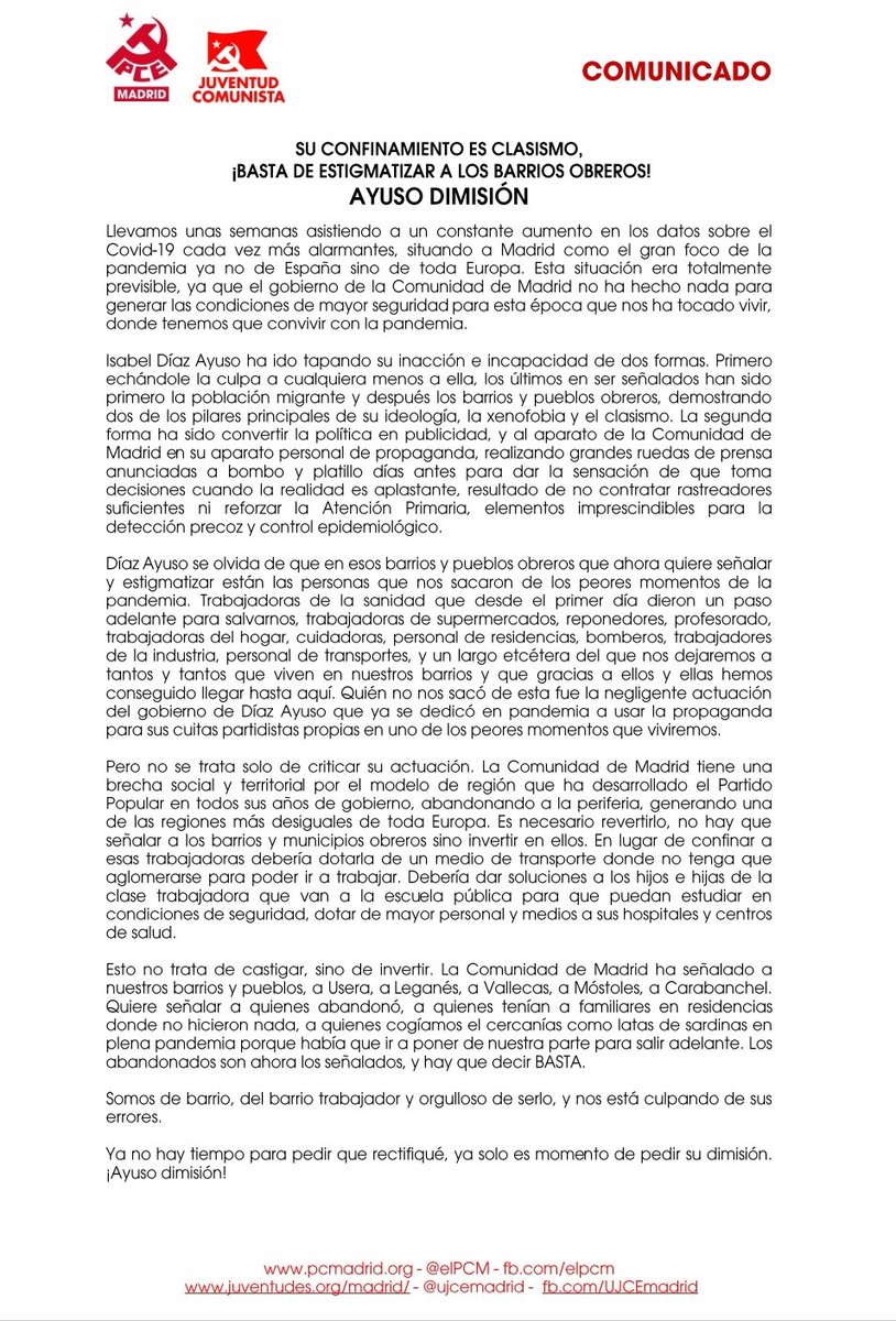 elpcm's tweet image. 📣 Su confinamiento es clasismo. ¡Basta de estigmatizar a los barrios obreros! ¡Basta de arbitrariedades racistas! ¡Basta de mercadear con nuestros derechos! 

#ConfinamientoDeClase
#DignidaddelSur 
#AyusoConfinateTuPrimero 
#AyusoDimision