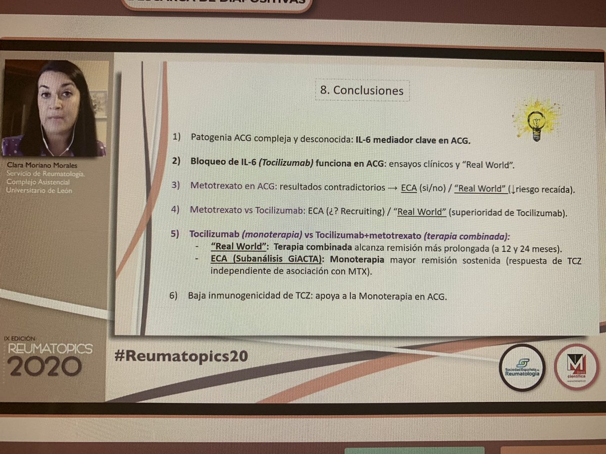 mariaj_morenom's tweet photo. Las conclusiones de la Dra Moriano sobre la utilización en monoterapia del bloqueo de IL6 en ACG: 
👉👉👉estudios muy heterogéneos y difícil extraer conclusiones   #Reumatopics20 https://t.co/pMPF6K8tEq