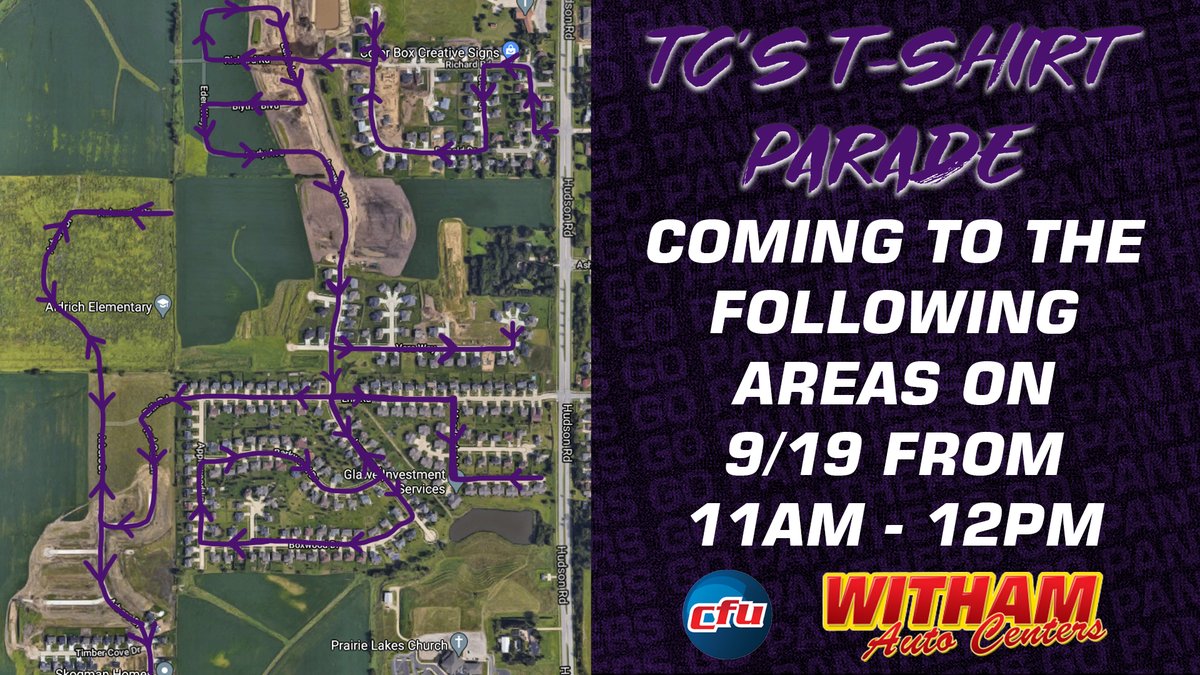 UNI Athletics (@uniathletics) on Twitter photo Any Panther Fans living in the following areas? TC is coming your way this Saturday from 11am-12pm with a t-shirt parade thanks to <a href="/CFUNews/">Cedar Falls Utilities</a> and Witham Auto! Be on the lookout and come outside as we drive through your neighborhood to say hi to TC and get a FREE t-shirt! #UNIFight Any Panther Fans living in the following areas? TC is coming your way this Saturday from 11am-12pm with a t-shirt parade thanks to <a href="/CFUNews/">Cedar Falls Utilities</a> and Witham Auto! Be on the lookout and come outside as we drive through your neighborhood to say hi to TC and get a FREE t-shirt! #UNIFight