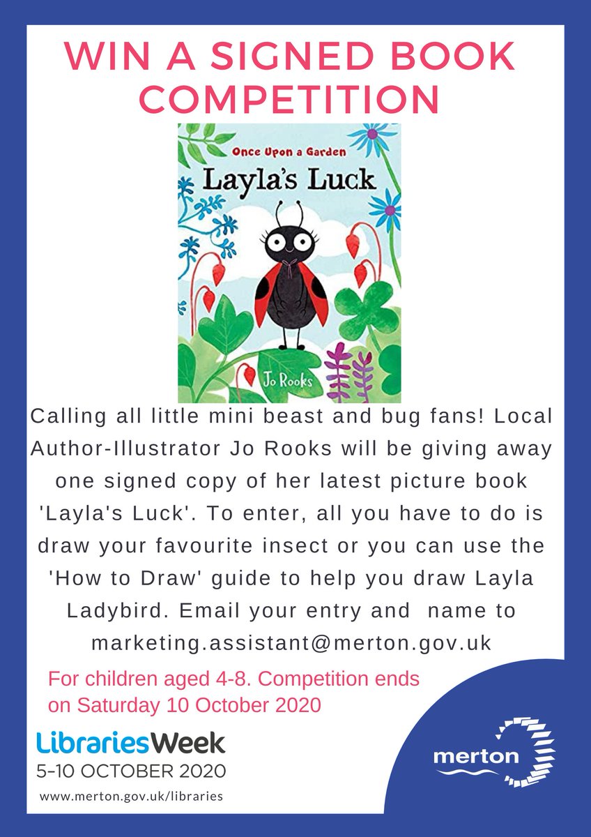 Win a signed copy of 'Layla's Luck', by local author and illustrator @jorooksart in our #LibrariesWeek competition!

Draw your favourite insect and email it to marketing.assistant@merton.gov.uk. 

Want to draw Layla? Use this free guide: ow.ly/OAyL50BuKDK

<a href="/LDNLibraries/">London Libraries</a>
