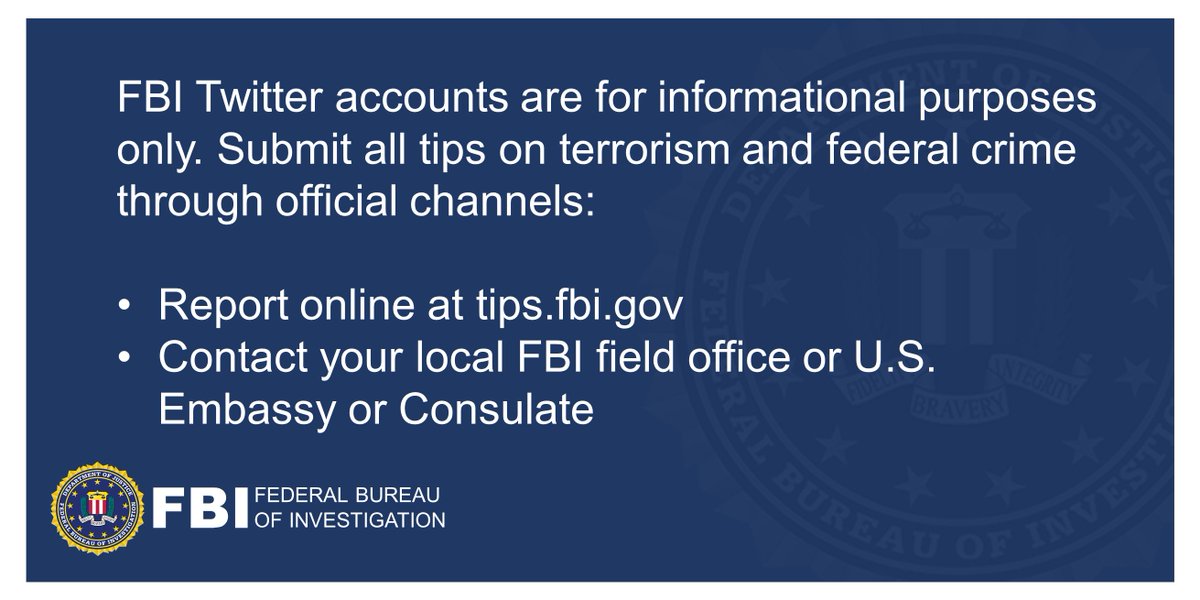 FBIDallas's tweet image. #FBI Twitter accounts are for informational purposes only.
Submit all tips on terrorism and federal crime through official channels: report online at ow.ly/OUG050BqcSY or call 1-800-CALL-FBI (1-800-225-5324).
Find your local FBI field office: ow.ly/Yq5b50BqcSX
