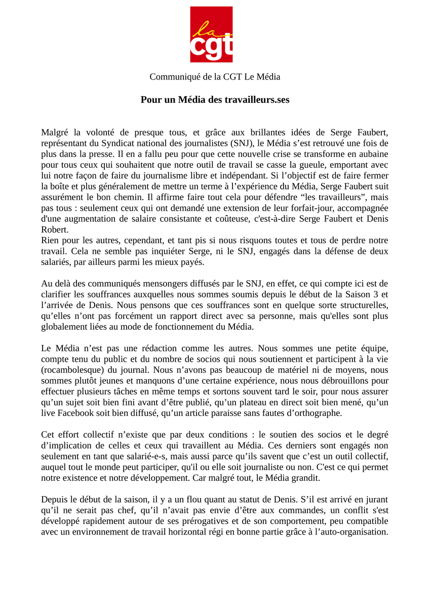 media_cgt's tweet photo. Communiqué CGT Le Média- 16/09/2020 https://t.co/3gxcXrdUm3