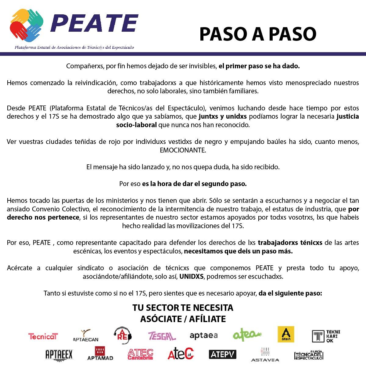 PlataformaPEATE's tweet photo. 🚨 La movilización del #17S fue solo el comienzo.
Ahora toca continuar hasta lograr los objetivos que nos hemos planteado. #PEATE Asóciate, afíliate.
@PlataformaPEATE
Estatal de Asociaciones de Técnicxs del Espectáculo. https://t.co/d4CCsbGcxJ