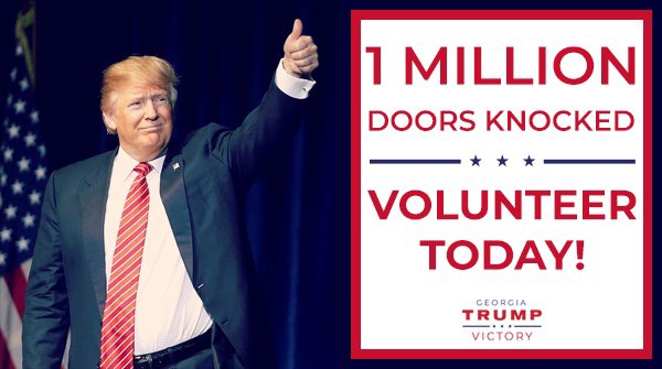 GaRepublicans's tweet photo. 🚨HUGE ANNOUNCEMENT🚨

The #GeorgiaGrit team has knocked on over 1 MILLION doors!

Join us NOW for the final 46 days of the campaign to re-elect President @realDonaldTrump!

VOLUNTEER TODAY⬇️

https://t.co/jHErEmrxoi

#LeadRight
#MAGA2020 https://t.co/CBKNP3YDa9