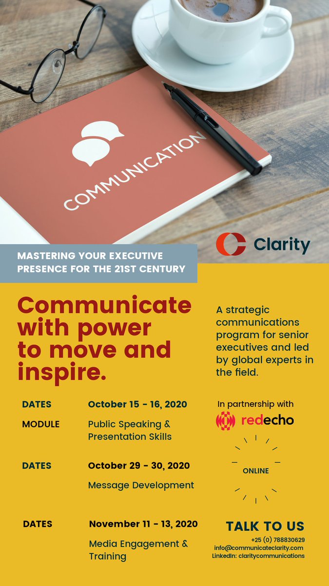 Clarity_PR's tweet photo. πMastering Your Executive Presence: Communicate with power to move and inspire. A strategic communications program tailored for senior executives.
π 15 - 16 Oct, 29 - 30 Oct, 11 - 13 Nov β° 2:00pm CAT Online
#clarityonafrica #communicatetoinfluence #lifelonglearning https://t.co/GcKDjBgtke