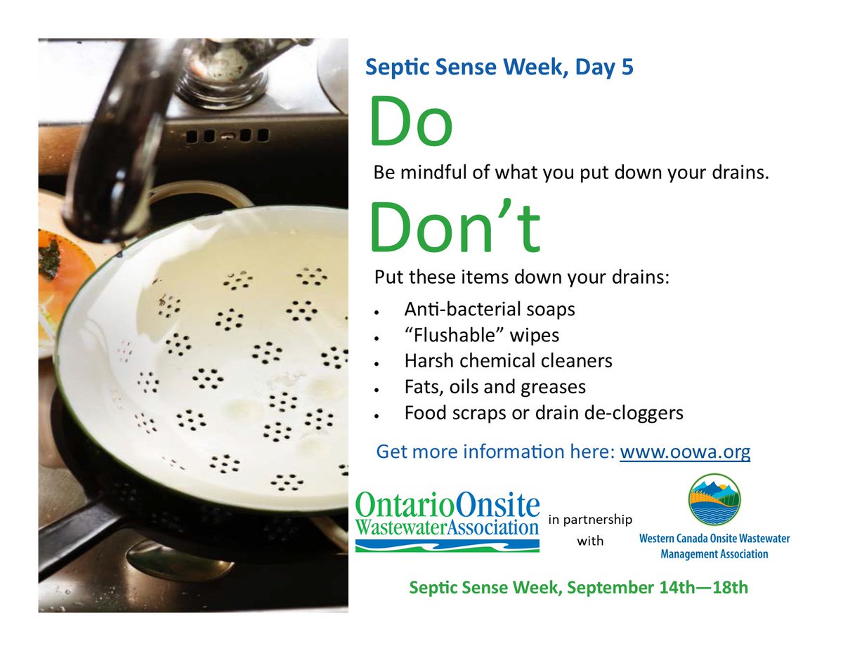 Septic Sense Week, Day 5: Septic systems rely on biological processes to function properly. What you put down your drains can negatively impact your system's efficacy. Get more guidance here: bit.ly/35R2MBc #onsiteproud