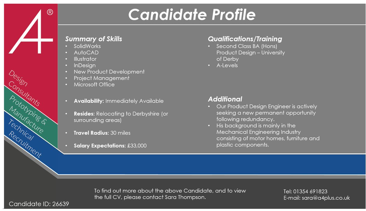 A4Plus's tweet photo. If you, or anyone you know is looking for a Product Designer, please get in touch. We've just added this excellent Candidate to our books who's looking for a long-term career in the Derby area. With #SolidWorks and #AutoCAD in the bag, he'd be a great addition to any design team! https://t.co/GYpWP5TwDY
