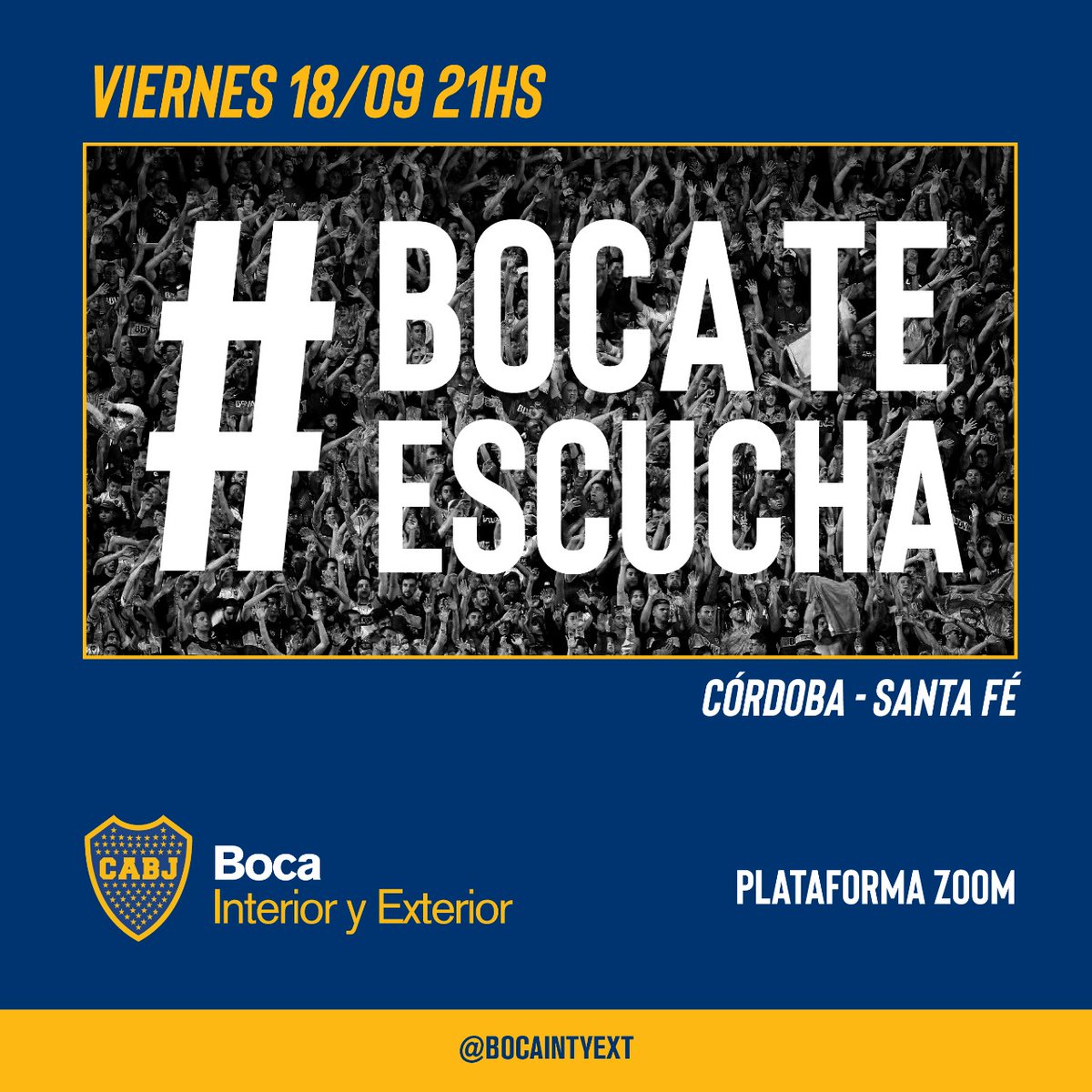 pena_angelrojas's tweet photo. Atención socios/as los esperamos este viernes para charlar con el presidente del Dep. de Interior y Exterior de Boca @CarlosColomboOk.
#BocaTeEscucha
🗓Viernes 18/09
⏰21:00 hs
¡Solicitá tu link de inscripción!
#PeñaAngelClementeRojas ⚓🇸🇪
@BocaIntyExt @BocaJrsOficial https://t.co/XUkpJaZqQX
