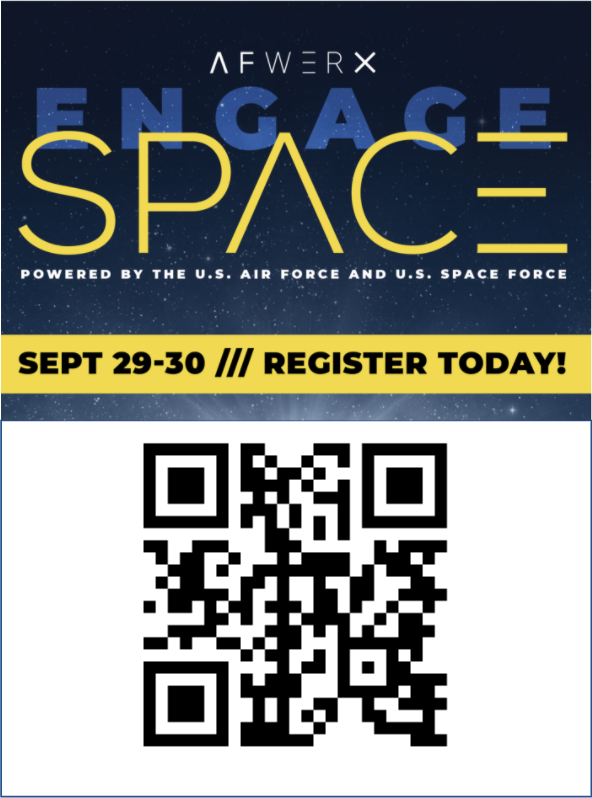 AFWERX's tweet photo. Haven't registered yet for #EngageSpace? Don't leave this tweet! 

If you're on a computer, use your phone's camera to scan this QR code to register👇 https://t.co/7fByB3ZsoD