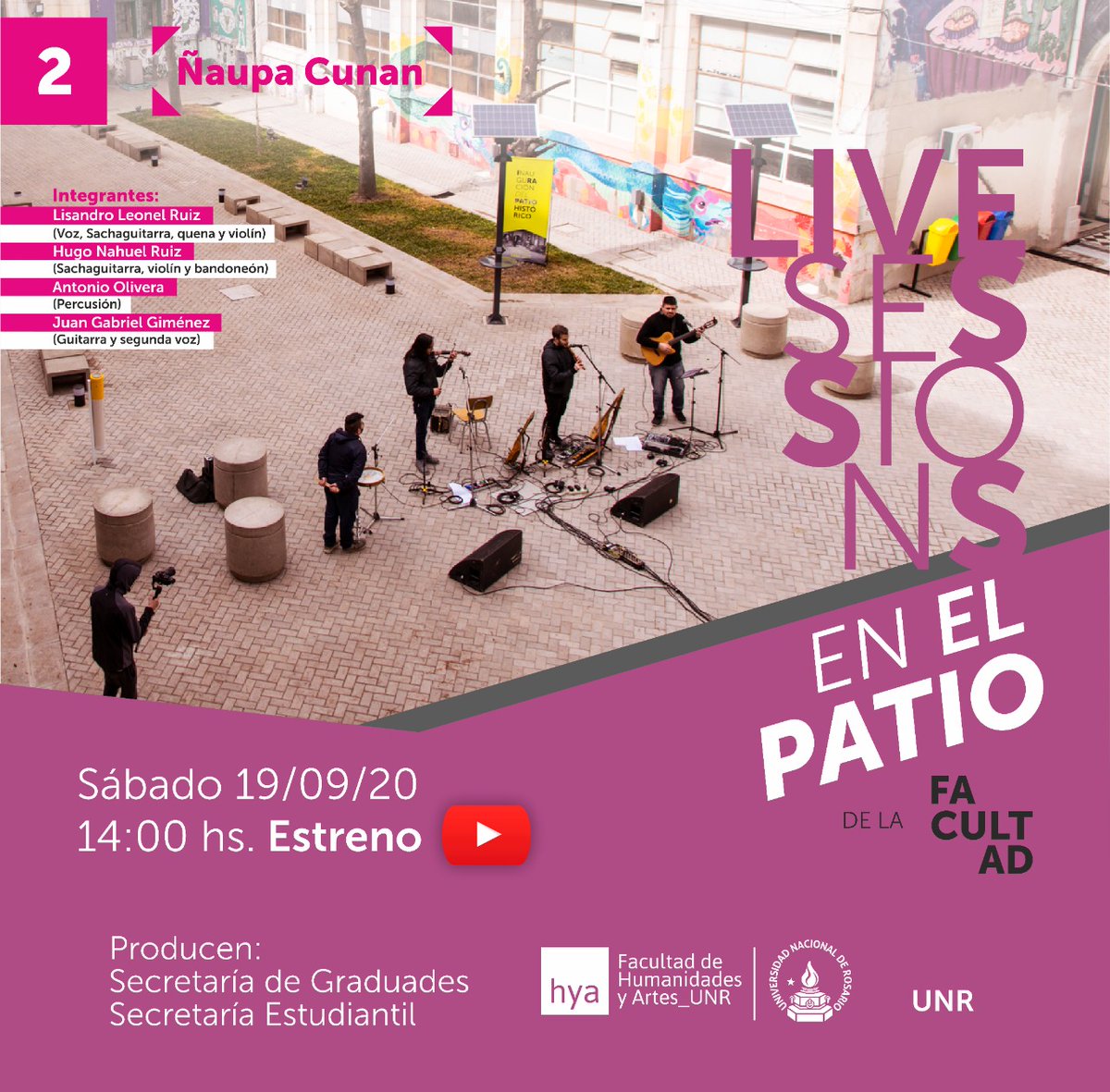 hya_unr's tweet photo. 🎧 Ñaupa Cunan

🎹 Este sábado, a las 14 horas 👉segundo estreno del ciclo #LiveSessions en el #Patio, con producciones musicales de #estudiantes y #graduades de nuestra Facultad.

📲 Seguilo por nuestro canal de YouTube: https://t.co/M09pHIDoxW https://t.co/2mvADSt3L7