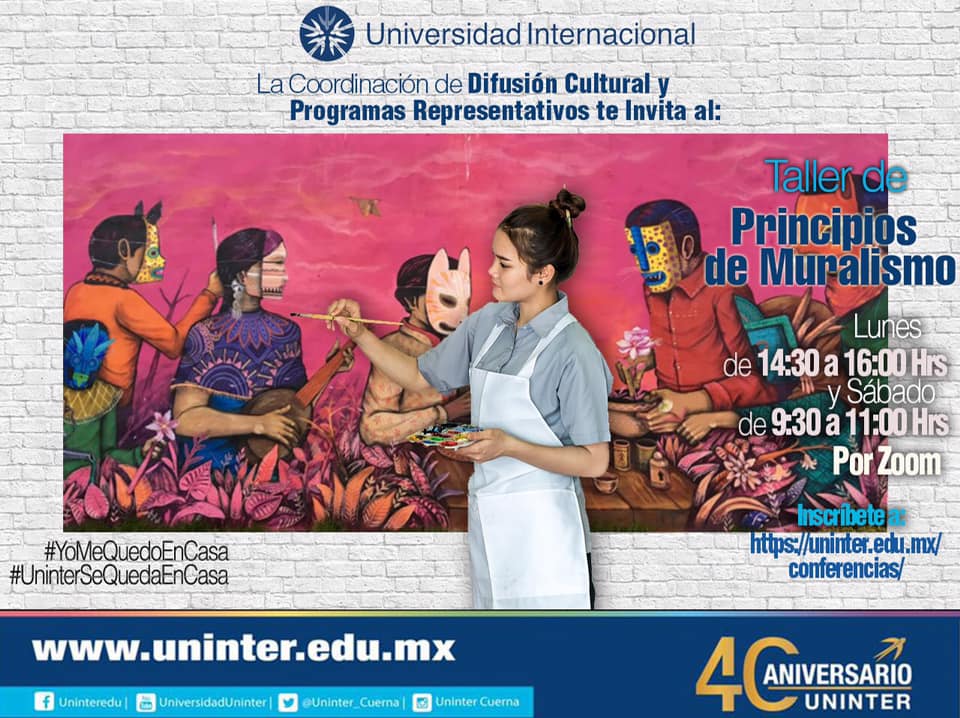 EndecsUninter's tweet image. #ComunidadUninter ¡Buen día! ¿Que tal les fue en sus clases? Deseamos que tengan un buen fin de semana de descanso
- Hoy los invitamos al Taller de Principios de Muralismo, es MAÑANA, en punto de las 9.30AM. Ya lo saben, por Zoom. Info para inscribirse en imagen
#OrgulloUninter