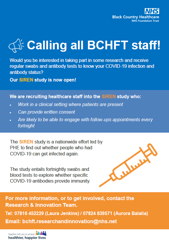 bchft_research's tweet photo. NHS staff supporting the #SIREN Study are helping to find out if people who have had #Covid19 can get infected again. If you work for @BlackCountryNHS and want to find out more email: bchft.researchandinnovation@nhs.net https://t.co/idEEJ5oxbh