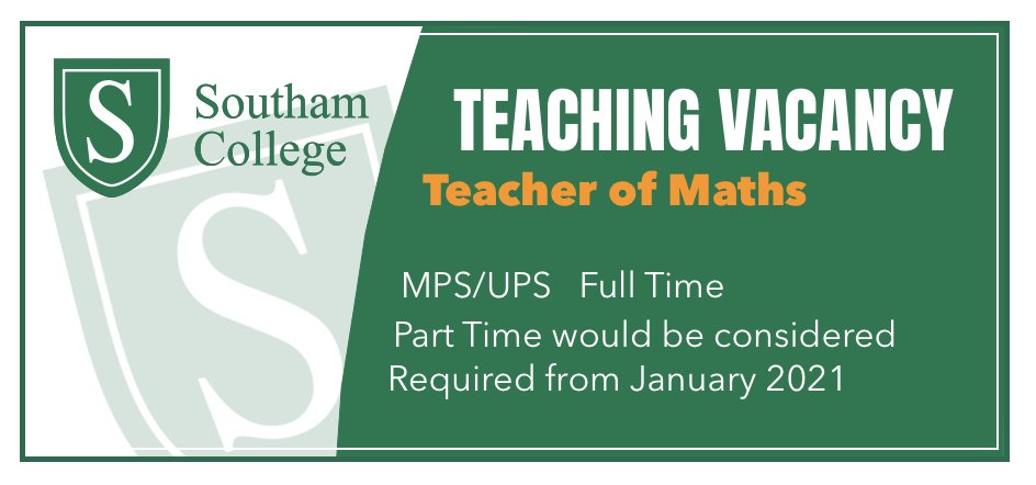 Teaching Vacancy
Southam College

Teacher of Maths
MPS/UPS
Full Time 
Part Time would be considered
Required from January 2021

stowevalleymat.com/vacancies