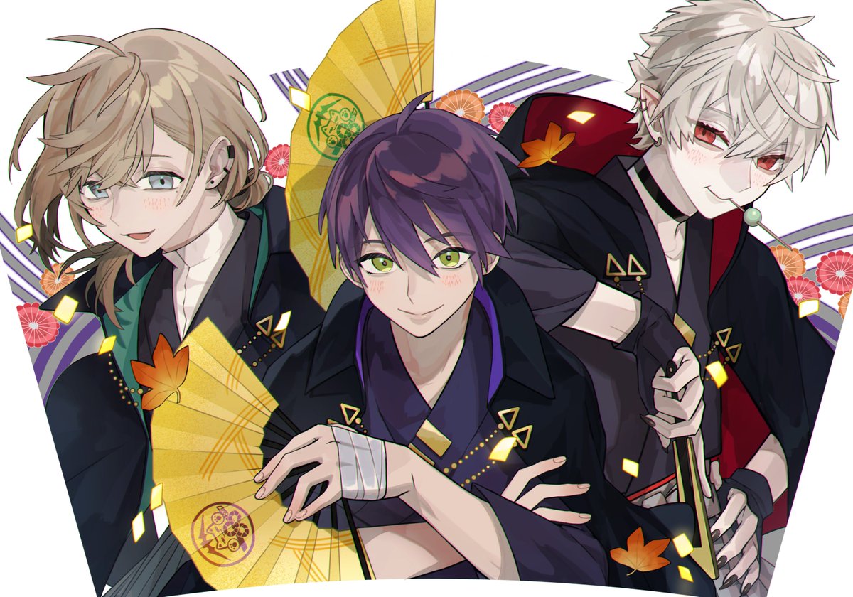 kuzuha (nijisanji) male focus multiple boys pale skin purple hair hand fan 3boys red eyes  illustration images