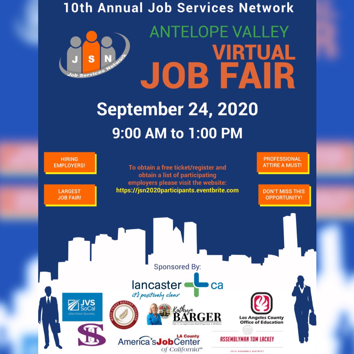 ScottWilkCA's tweet photo. Antelope Valley JSN Job Fair is hosting their 10th annual job fair for both employers and job seekers. To obtain a free ticket or obtain a full list of participating employers, please visit https://t.co/Y9ASX8wnkj https://t.co/8Nsyo9ZHNB