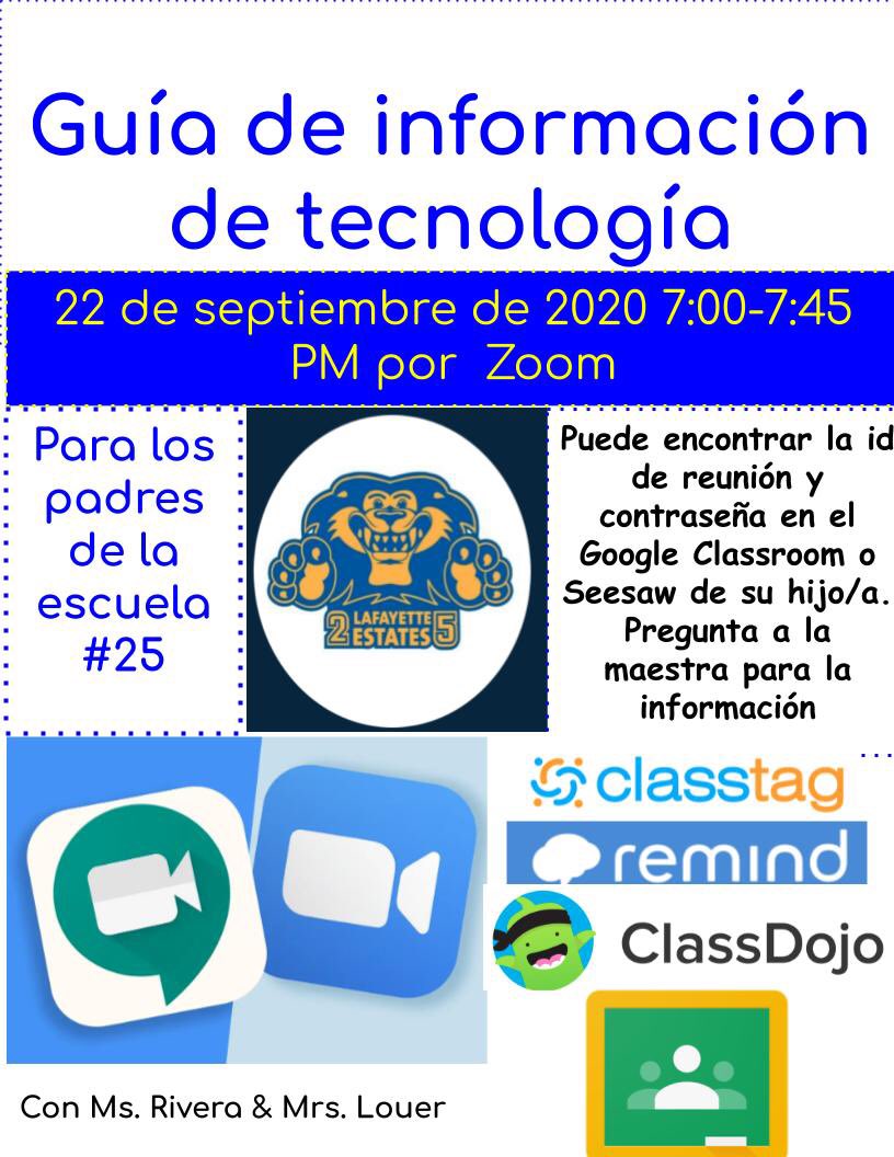 School #25 Zoom Call in Spanish for Parents/ Guardians Q&amp;A all about how to navigate online resources. Come with questions on Tuesday 9/22 at 7:00-7:45 pm. <a href="/25Lafayette/">Lafayette Estates School #25</a> <a href="/School25PTO/">School 25 PTO</a> #lionpride