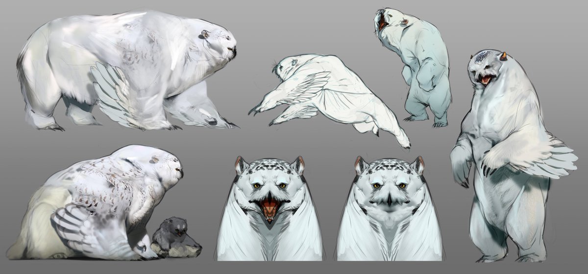 April_Prime's tweet image. Absolute zero? Try absolute UNIT. The snowy owlbear was the first ever thing I worked on for WotC, so they're quite dear to me. The females have the same banding as female snowy owls! The babies are fat and very cute.
#DnD #RimeoftheFrostmaiden 
AD: Shawn Wood and Kate Irwin
