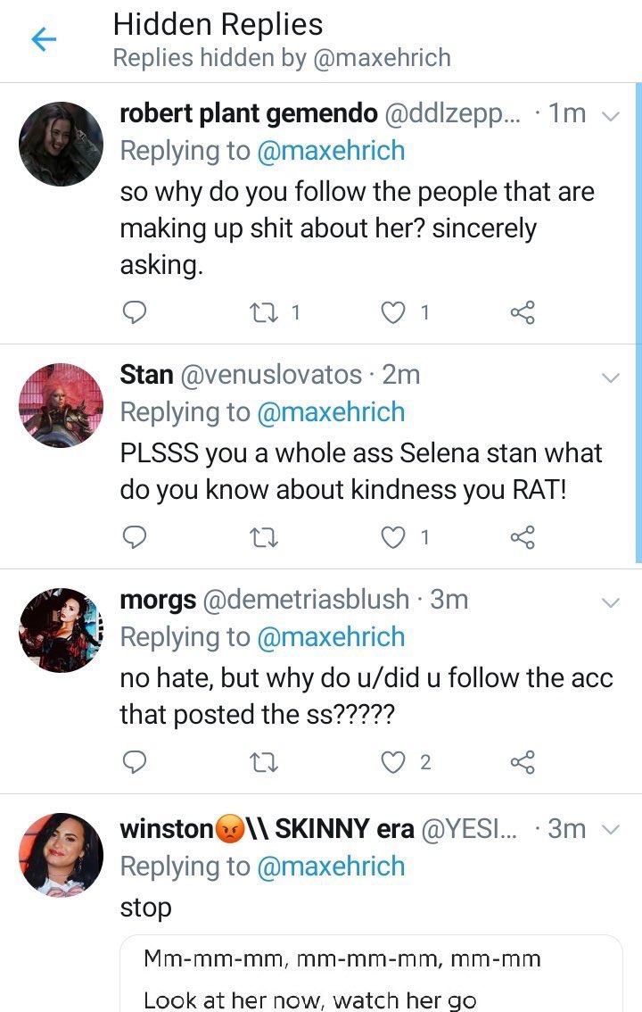 Not to mention during the whole fake screenshots from Demi’s finsta he posted something similar and didn’t defend her once but he can hide replies about the people he follows.