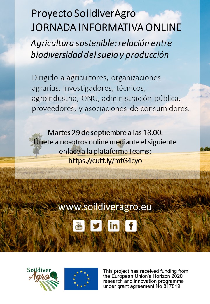Jornada Informativa
#Agricultura sostenible: relación entre #biodiversidad del suelo y producción

Martes 29 de septiembre de 2020 a las 18:00h.

Reunión virtual: cutt.ly/mfG4cyo

<a href="/SoildiverAgro/">SoildiverAgro</a> #H2020 #EIPAgri <a href="/ASAJAMURCIA/">ASAJA REGIÓN DE MURCIA</a> <a href="/fyneco/">Fyneco</a>