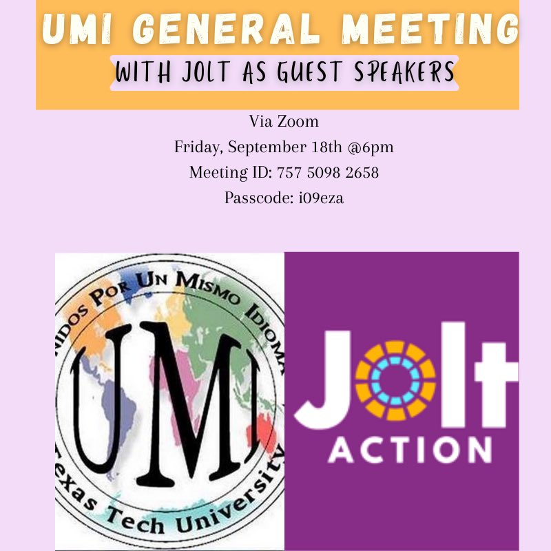 Hey, TODAY we will be having a UMI meeting at 6pm with <a href="/joltttu/">Jolt TTU</a> as our guest speakers!! ☺️🎉
