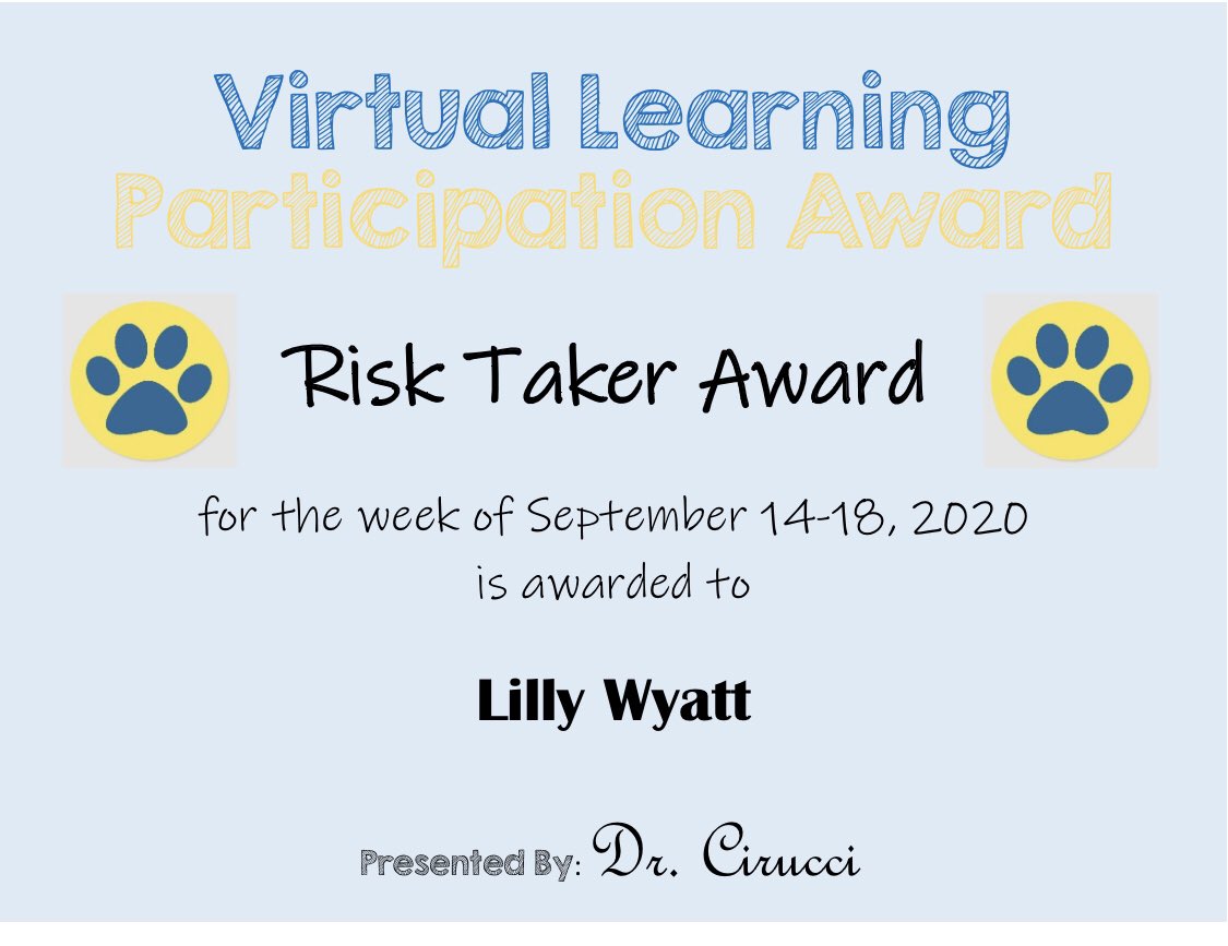 clcirucci's tweet photo. It’s hard to stay focused on instruction during virtual learning! Each week, I will be awarding kids for their participation efforts💪🏻 Here are this week’s social studies participation award winners for Block 1!💙💛 https://t.co/DKdSA9xXHK