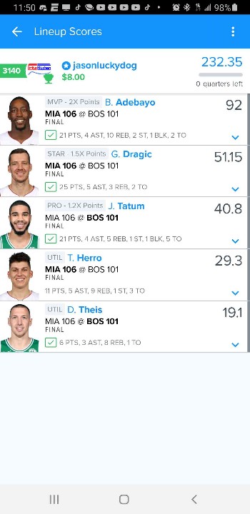 jasonluckydog's tweet photo. @fantasygrits Slayed the MLB and NBA last night!! His lines have been 🔥 https://t.co/Y0pCMdEtjh
