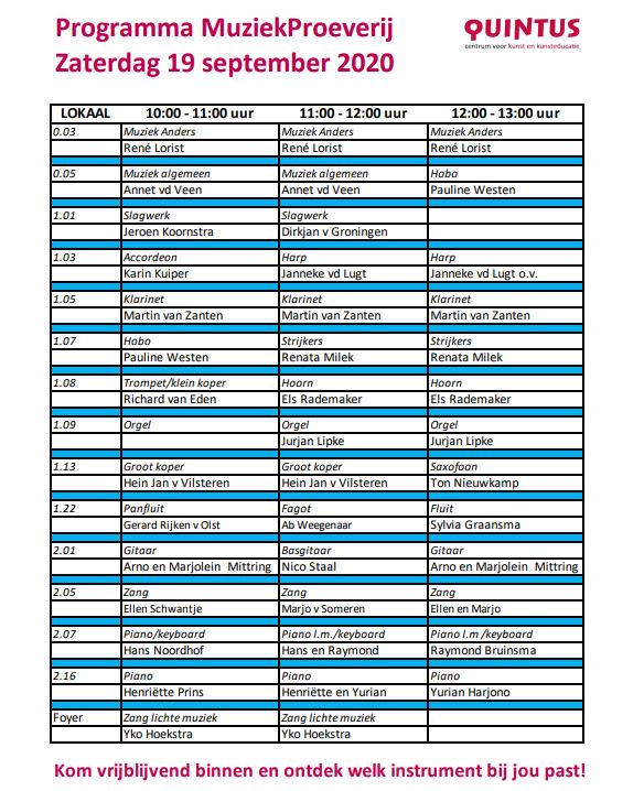 MUZIEKPROEVERIJ | Van fagot tot cello, van panfluit tot zang en van trompet tot slagwerk. Ontdek welk instrument bij jou past tijdens onze gezellige en inspirerende Muziekproeverij, morgen van 10.00-13.00u. Dit is het programma! Kom je ook? Welkom! Aanmelden kan bij binnenkomst.
