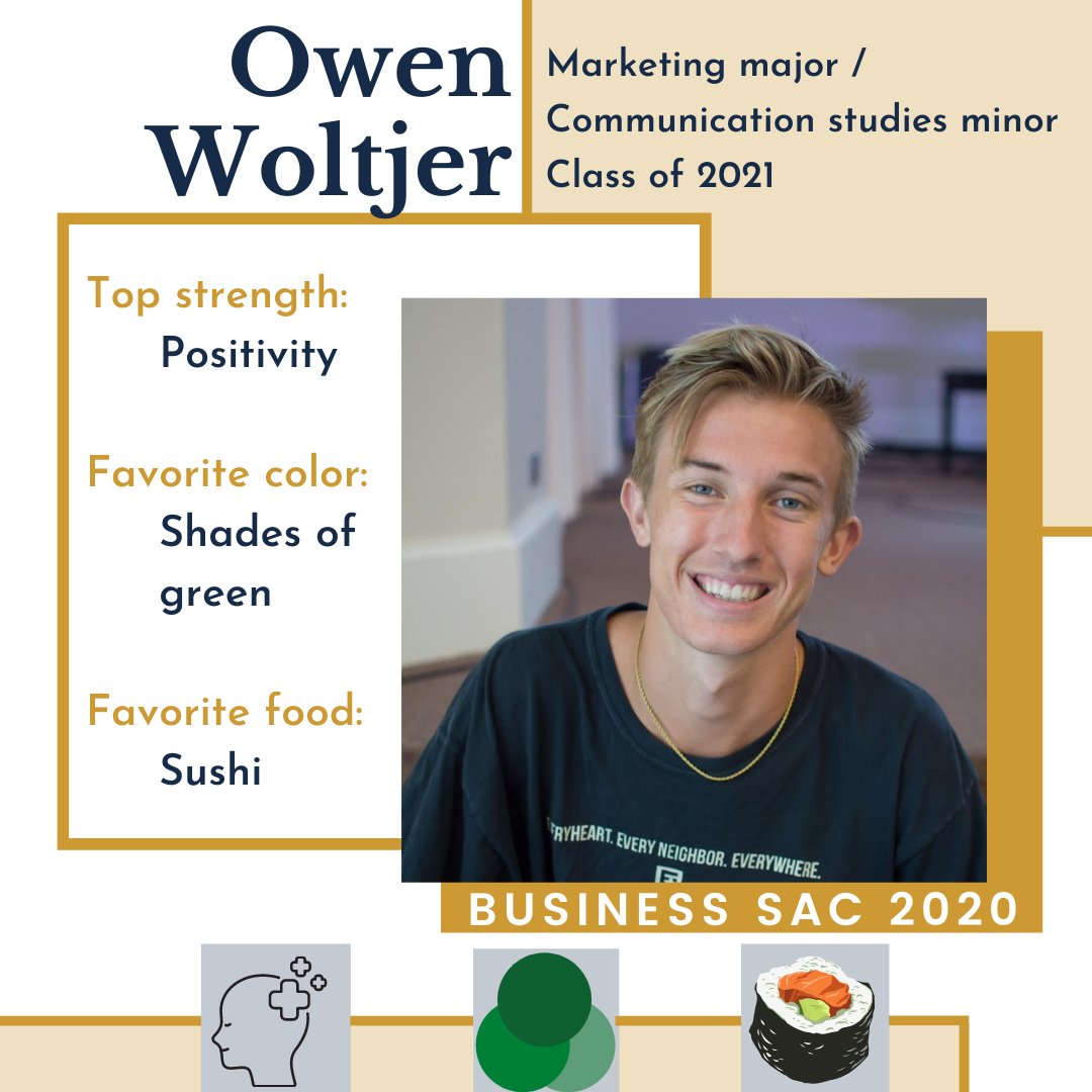 CUBusiness's tweet photo. 2020-21 SAC Spotlight🔦 Meet Owen Woltjer.
Owen is a Marketing major and Communication studies minor graduating this Spring. He brings his positivity strength to SAC and to the students around him! https://t.co/6zziNqNGLL