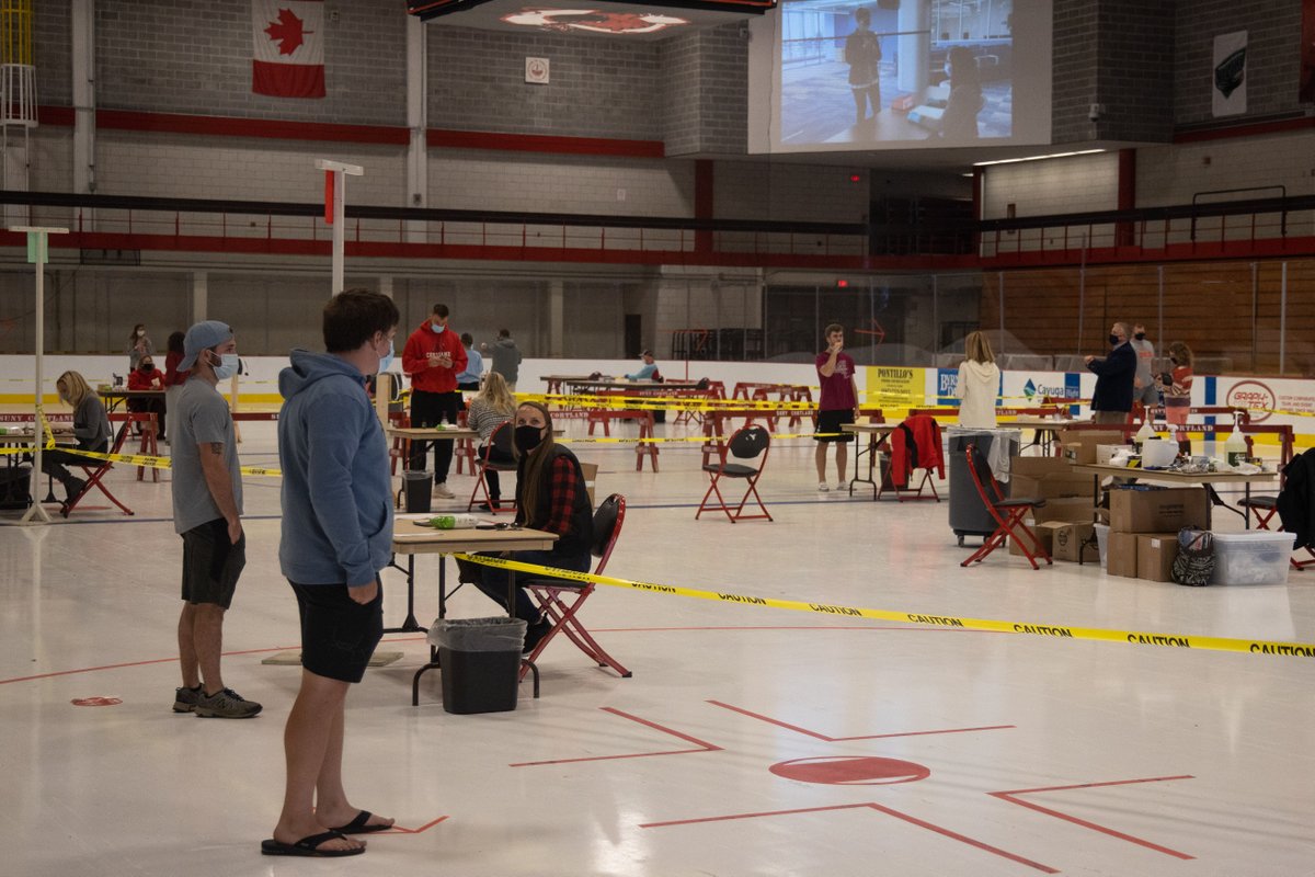 suny_cortland's tweet photo. OVID-19 testing for students continued today at Park Center Alumni Arena. To learn more about COVID-19 testing, see the Cortland dashboard and read the most recent campus-wide emails, visit https://t.co/W0wcbfRtem. #RedDragonSafe #MaskUpSUNY https://t.co/vMEVpqwnob