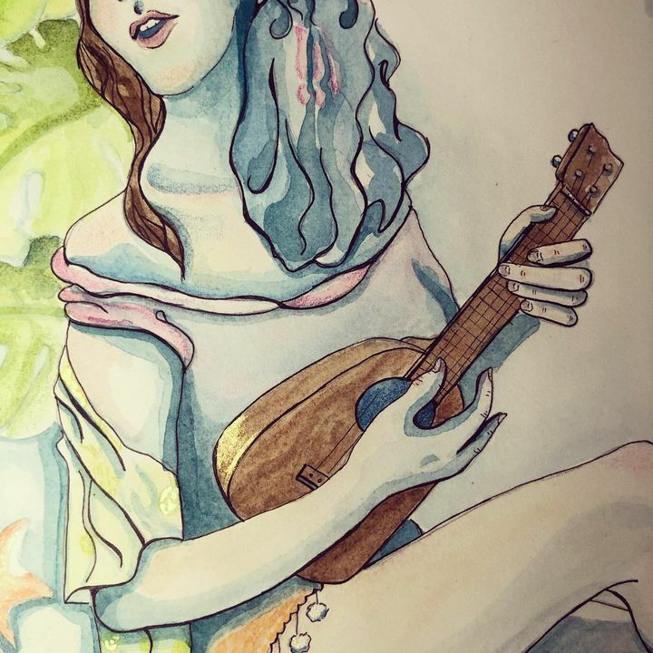 DaniJoyMusic's tweet photo. You’ve got to tilt the paper just right to catch the golden glint of the Romero Creations XS Soprano and pineapple on her shawl. #watercolor #pineapplemango #dropinmyflower #ukulele @romerocreations @romerocreations.jp @pepe_romero_jr @daniel_ho_creation… https://t.co/O0DfL2z2sU https://t.co/3eNfhQsVfS