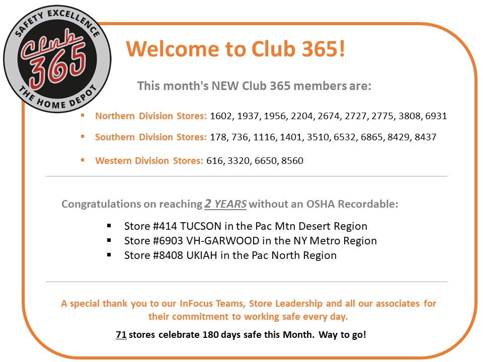 Kristen Hamad (@thdsafetykh) on Twitter photo Congratulations to The Home Depot stores who have reached a major safety milestone this month! Thank you for all you to do help make <a href="/HomeDepot/">The Home Depot</a> a safe place to work and shop each and every day. #welcometoclub365 #whyiworksafe #SafetyisPersonal #HDStrong Congratulations to The Home Depot stores who have reached a major safety milestone this month! Thank you for all you to do help make <a href="/HomeDepot/">The Home Depot</a> a safe place to work and shop each and every day. #welcometoclub365 #whyiworksafe #SafetyisPersonal #HDStrong