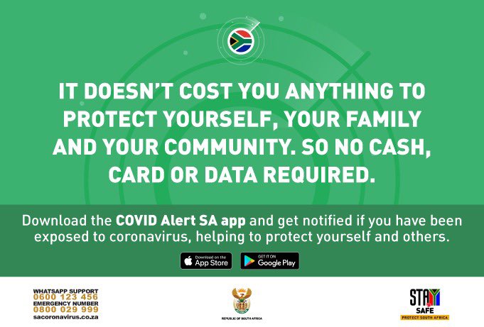 The #COVID Alert South Africa app is free for the <a href="/TheKiffness/">The Kiffness</a> and all South Africans! 

Zero rated by all mobile networks and fully anonymous, the app won't ask for any personal information, location or contacts. 
Download it now, help prevent a second wave #COVIDAlertSA