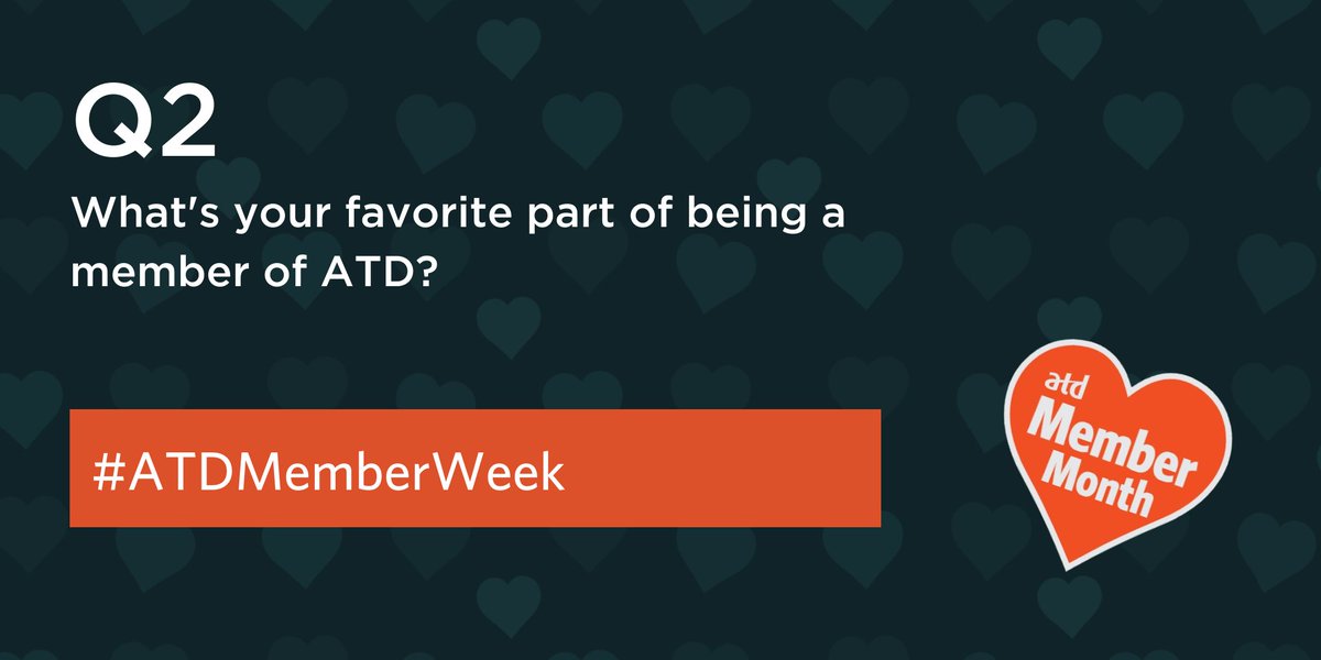 atd's tweet photo. Thanks for being here! 

Q2: 
What’s your favorite part of being a member of #ATD? 

#ATDMemberWeek #talentdevelopment #learning https://t.co/OxmtJyzwQq