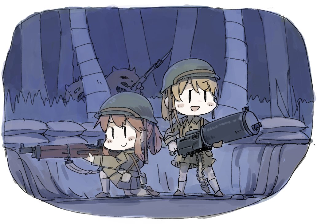 multiple girls 2girls weapon helmet gun military brown hair  illustration images