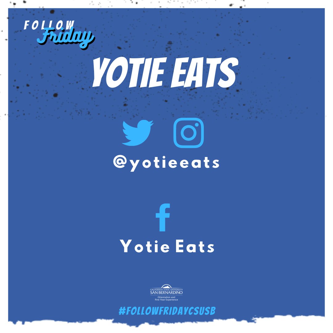 CSUSBofye's tweet photo. It's Friday! You know what that means! It's another round of #FollowFridayCSUSB. Did you know that we welcomed a new campus dining provider over the summer? Make sure you're following @YotieEats for all the updates and dining need-to-knows! #CSUSB https://t.co/rZRrGy7W6I
