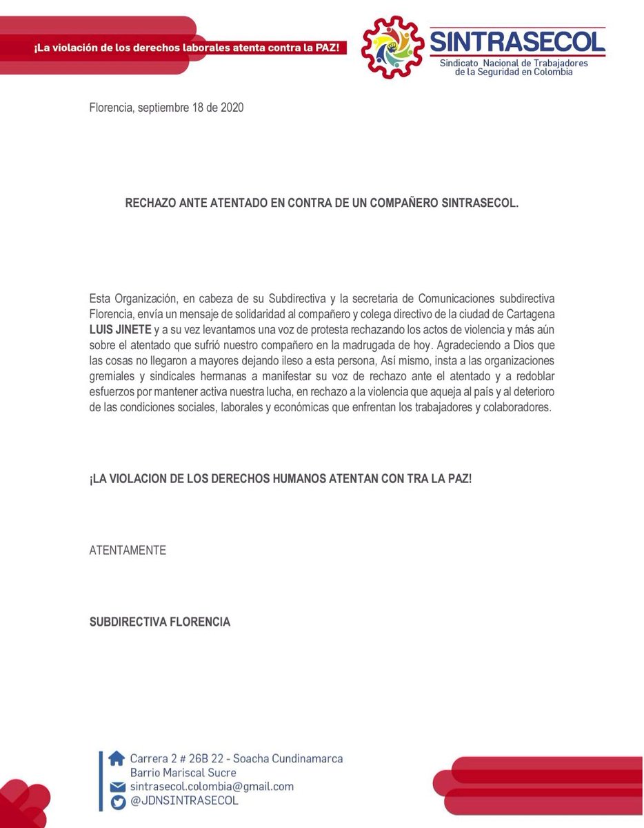 sintrasecol's tweet photo. Rechazamos los actos violentos en este país... https://t.co/r0S6XVqXbN