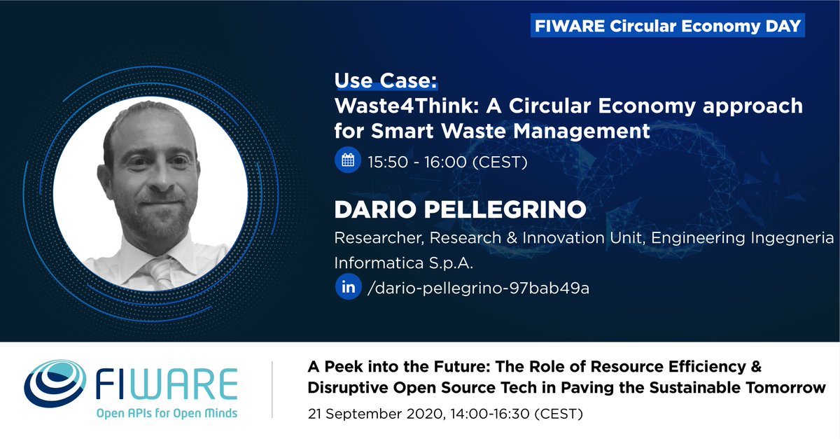We are excited to welcome Dario Pellegrino (<a href="/EngineeringSpa/">ENGINEERING GROUP</a>) to the #FIWARECircularEconomyDAY. He will present <a href="/waste4think/">Waste4Think</a>, which sets out to move the current #wastemanagement process forward with a #circulareconomy in mind. Registration required: bit.ly/2EhNgCI