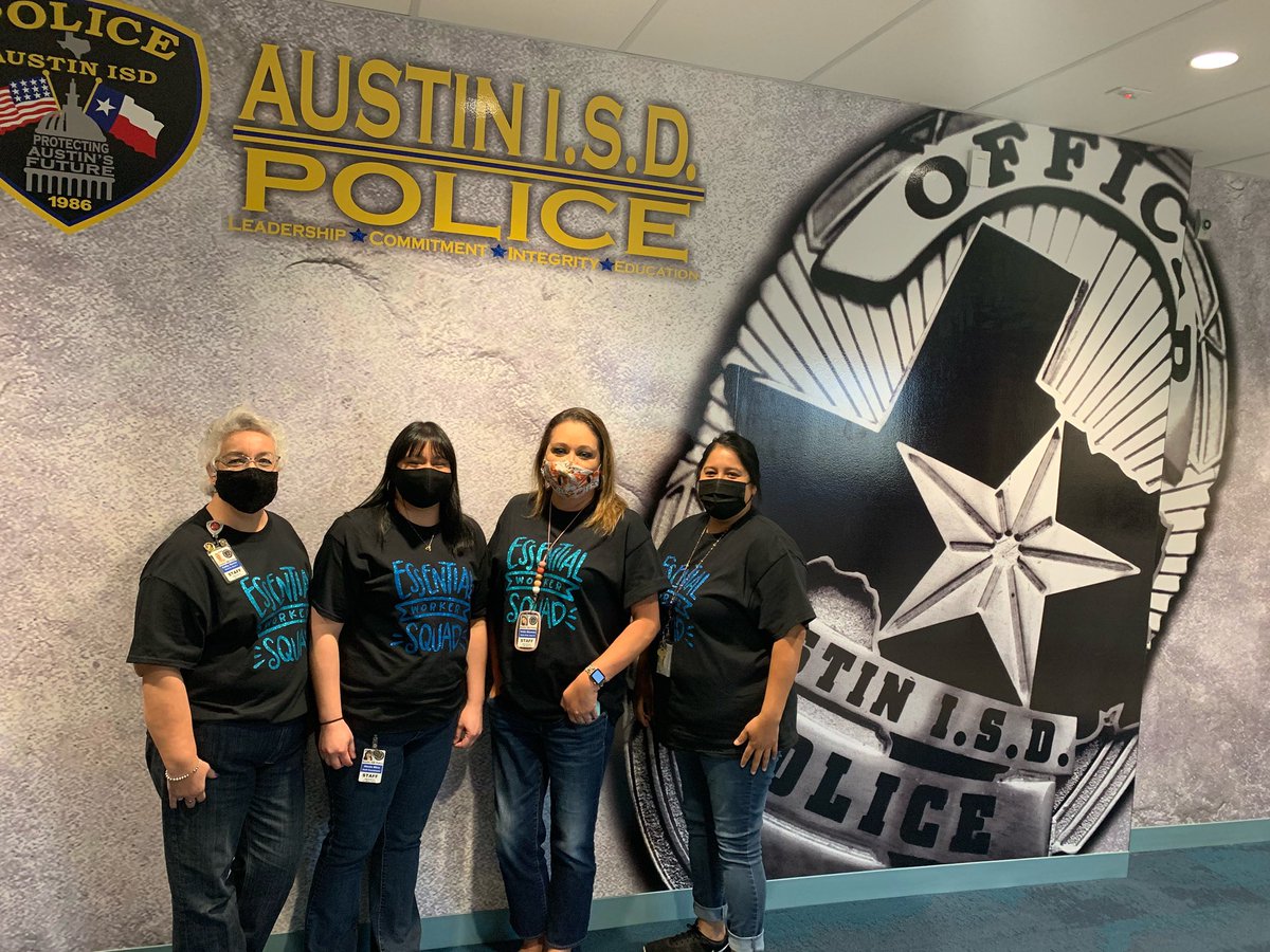 We wouldn't run as efficiently as we do without the wonderful administrative staff we have ... They are essential to what we do, and today they all coordinated their 'Essential Shirts'  to let us know it!  #essentialworkers #theyneverstopped #wekeptworking #WeAreAISD @AustinISD