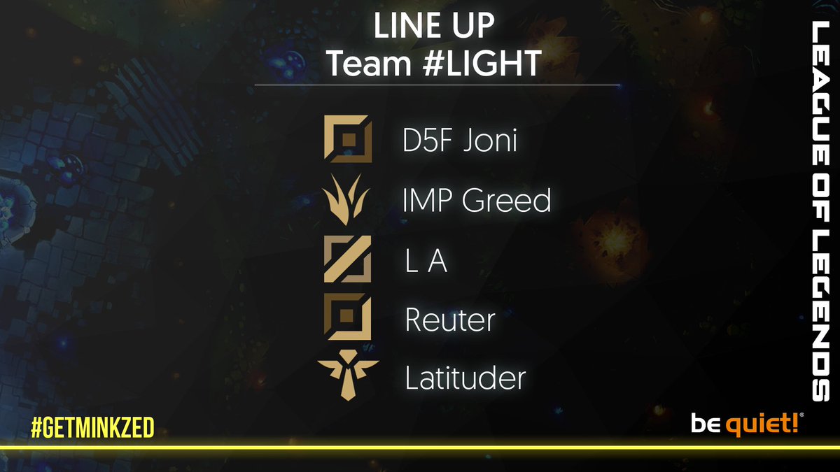 We proudly present our new #LeagueofLegends Team LIGHT!

Toplane <a href="/joni20007/">Joni</a>
Jungle <a href="/Leucit/">Greed</a>
Midlane @L_A_XYZ1
ADC <a href="/Reuterlol/">Marcus</a>
Support <a href="/Latituder_/">Latituder</a>

Headcoach <a href="/toast_amazing/">Amazing_Toast</a>

Assistent Coaches <a href="/Coach_Lun/">CoachLun</a> &amp; <a href="/svenjy757/">svenjy</a>

#PrimeLeague #getminkzed