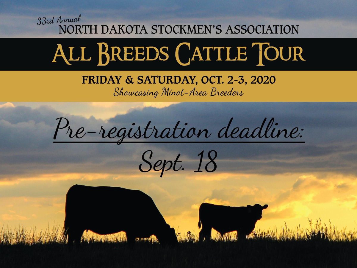 Today is the pre-registration deadline for the 2020 All Breeds Cattle Tour taking place Oct. 2-3 in the Minot area. To get registered and ensure you are entered into the drawing for the RTIC 65 cooler filled with gifts from the tour hosts, call (701) 223-2522