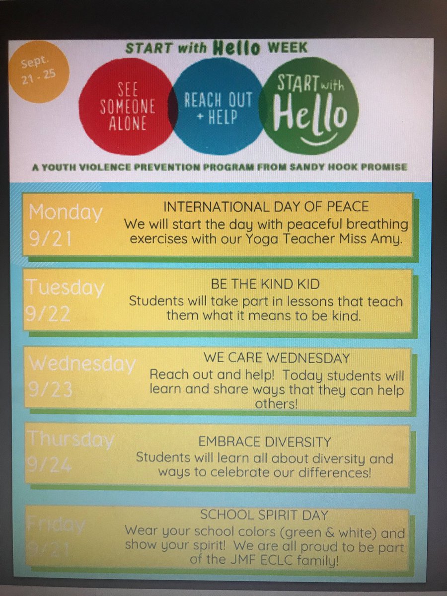 Celebrate Start with Hello Week  <a href="/jmfeclc/">JMFECLC</a> September 21st-25th where we always remember to be kind and include others #SEL #wcmm <a href="/LBpublicschools/">Long Branch Public Schools</a> <a href="/EDUtherapy2/">Linda Alston-Morgan</a> <a href="/kimsw2871/">kimberlyspeck</a>