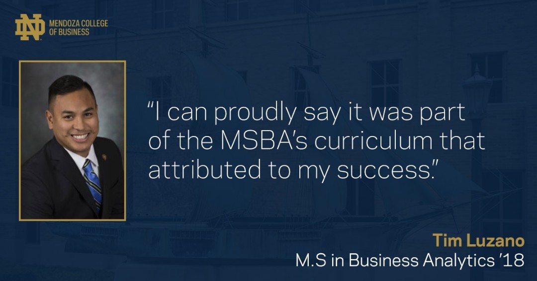NDExecED's tweet image. During his time in the Chicago-based M.S. in Business Analytics program, Tim Luzano (MSBA, ’18) developed the skills to contribute to today’s data-driven business world &amp;amp; gained a network dedicated to his personal &amp;amp; professional growth.

Read more: ow.ly/53kq50BuUo6