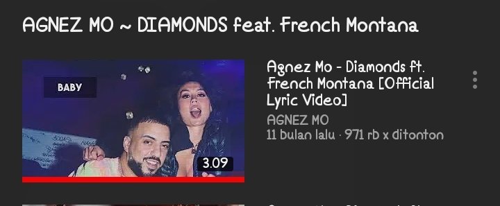 AGN3ZONE's tweet photo. Diamonds (Official lyric video) by @agnezmo feat. @FrencHMonTanA hanya butuh 29K lagi untuk menuju 1 juta viewer on @YouTube
#AGNEZMO #AGNATION15 #YouTube
πποΈπΉ https://t.co/mbPTYXjHVc https://t.co/KY37mA5XUL