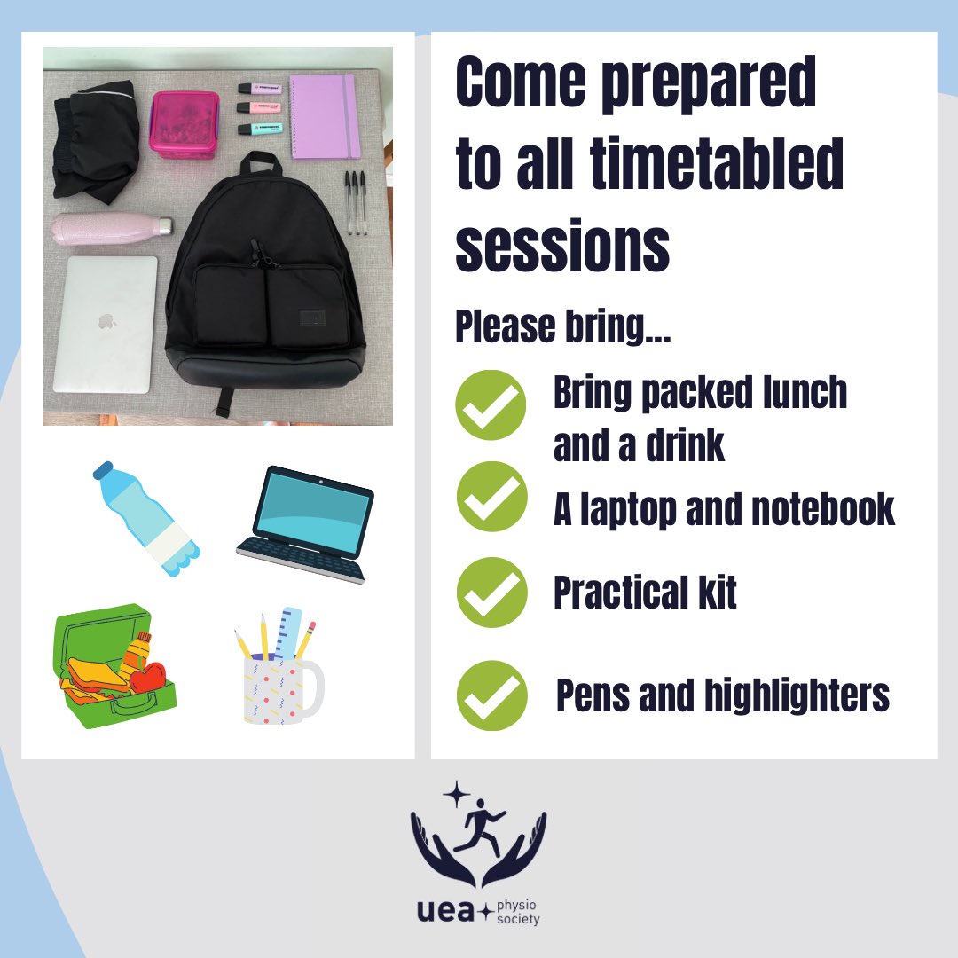 ueaphysiosoc's tweet image. Top Tips for our new BSc Physiotherapy cohort, joining us week commencing 21st September 2020. Wishing you all the best of luck with the start of a truly exciting journey. @UEA_Physio #Backpackessentials #Physiotherapy #Physiotherapystudent