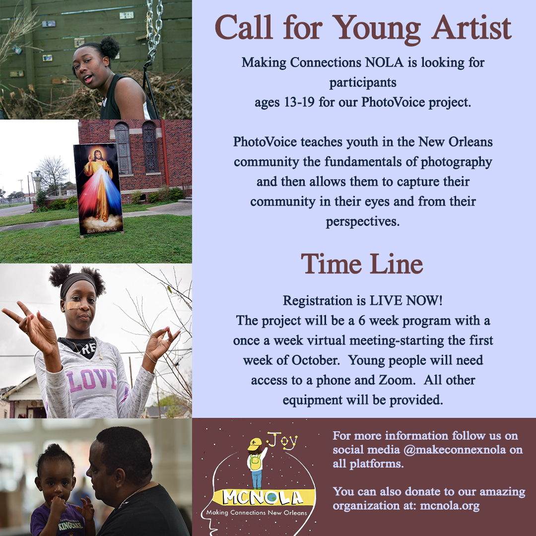 MakeConnexNOLA's tweet photo. Have you heard of our PhotoVoice Program? Head over to our Virtual Gallery via our website to check out some amazing photos from the project.  Afterwards come back to register your kid for the next session of our Photo Voice project.
Register Here:
https://t.co/qEA32DyPSC? https://t.co/CcKEnheZQn