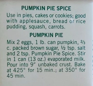 Pumpkin Pie recipe and premium blend pumpkin pie spice tips (Durkee / SCM Corporation, 1967-1986, probably early 1980s, $1.99)