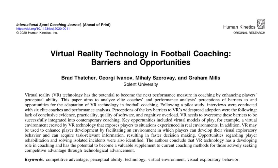 Delighted to collaborate with @solentfootball colleagues @BradThatcher4, @Georgi1000 & @misiszerovay for this paper on #VirtualReality Technology in Football Coaching. #VR #coaching

Special mention to @c_nev1 for his input too. 

ow.ly/YR3330rarip